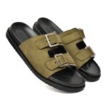 DDesire Men’s Olive Green Suede Finish Double Buckle Slide Sandals – Comfortable & Stylish Casual Footwear