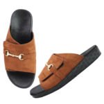 DDesire Men horsebit slide sandals, Tan brown horsebit sliders, Faux suede men sandals - Image 4