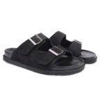DDesire Men double buckle sliders, Black slide sandals for men, Faux suede men sandals, Double buckle strap slip-on slippers, Men casual black footwear. - Image 2