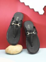 DDesire Men's Black Horsebit Slippers, Black Toe Ring Sandals for Men, Desire Leather Chappal for Men, Men's Ethnic & Casual Slides, Black Gold Buckle Slippers - Image 4