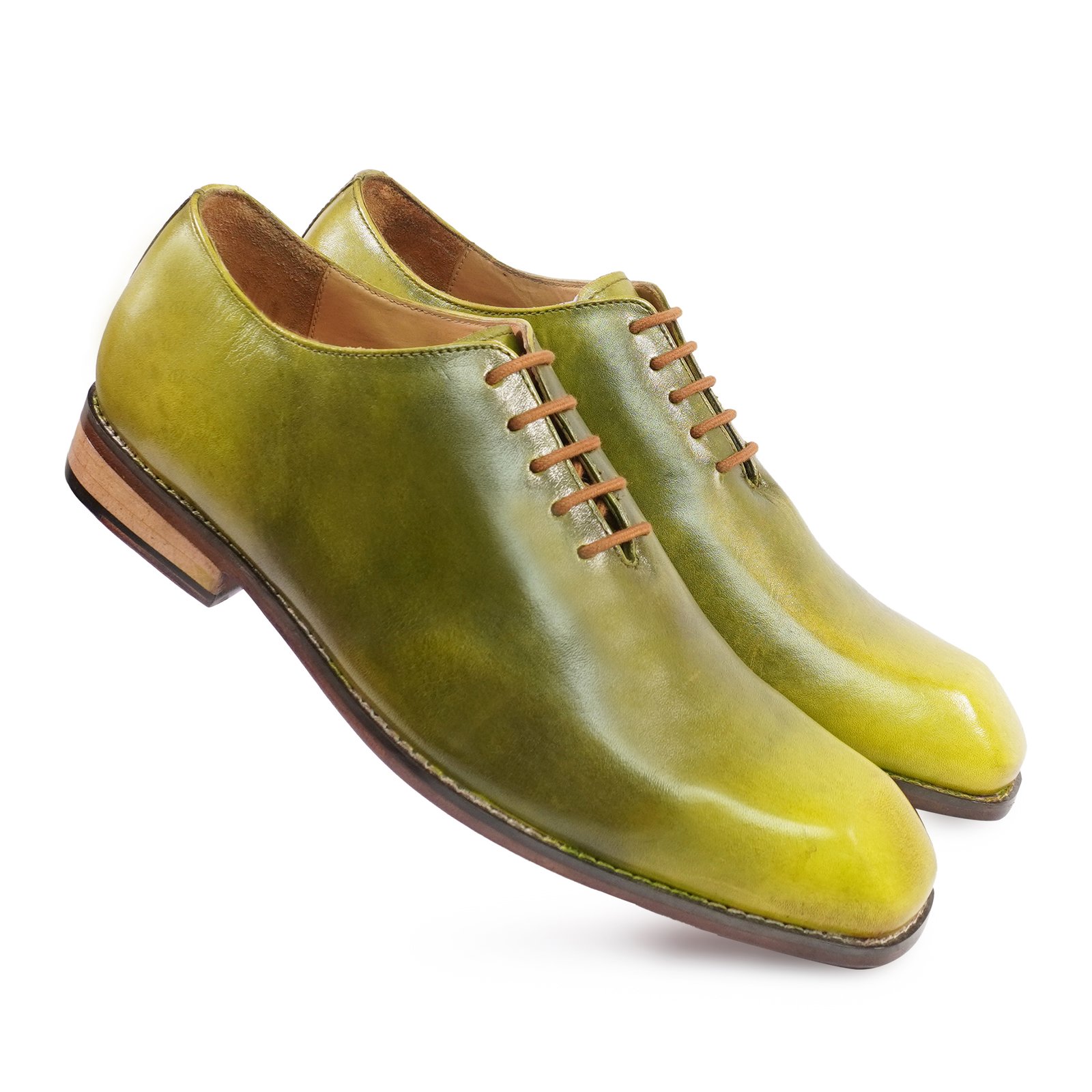 U (2) DDesire Men's Hand-Patina Olive Yellow Green Wholecut Oxford Shoes Artisan Leather Dress Shoes with Contrast Laces - Image 1